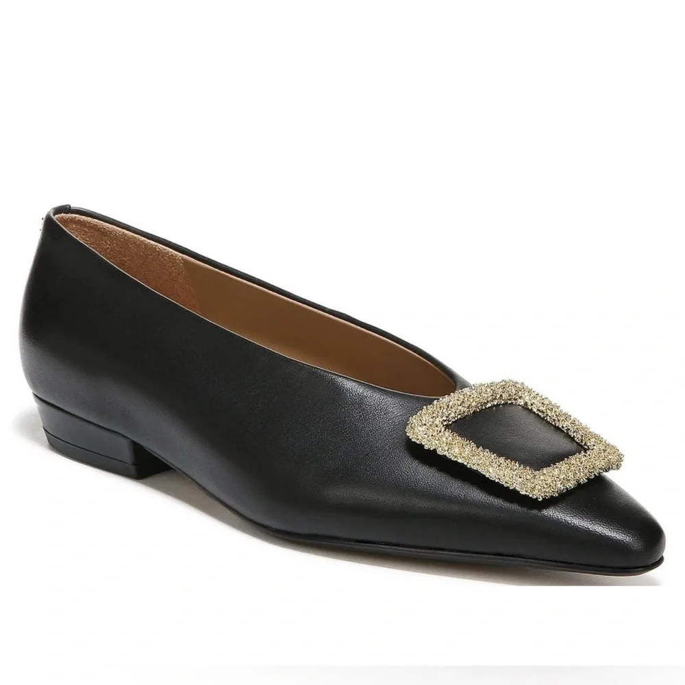 SAM EDELMAN x ANTHROPOLOGIE Janina Leather Pointed Toe Flat Gold Buckle Sz 10 - Picture 1 of 13